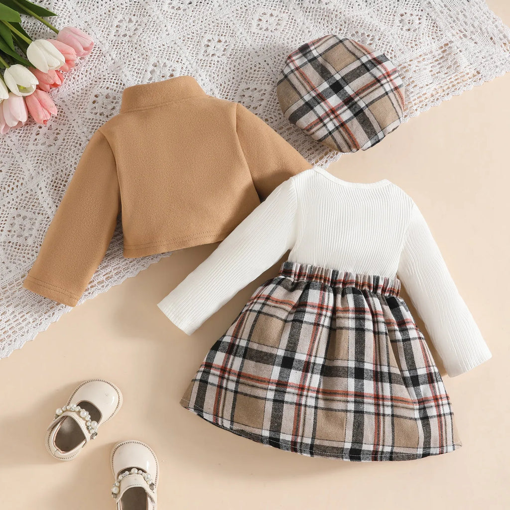 Baby girl plaid wool coat dress and beret set in light brown with stand collar and long sleeves
