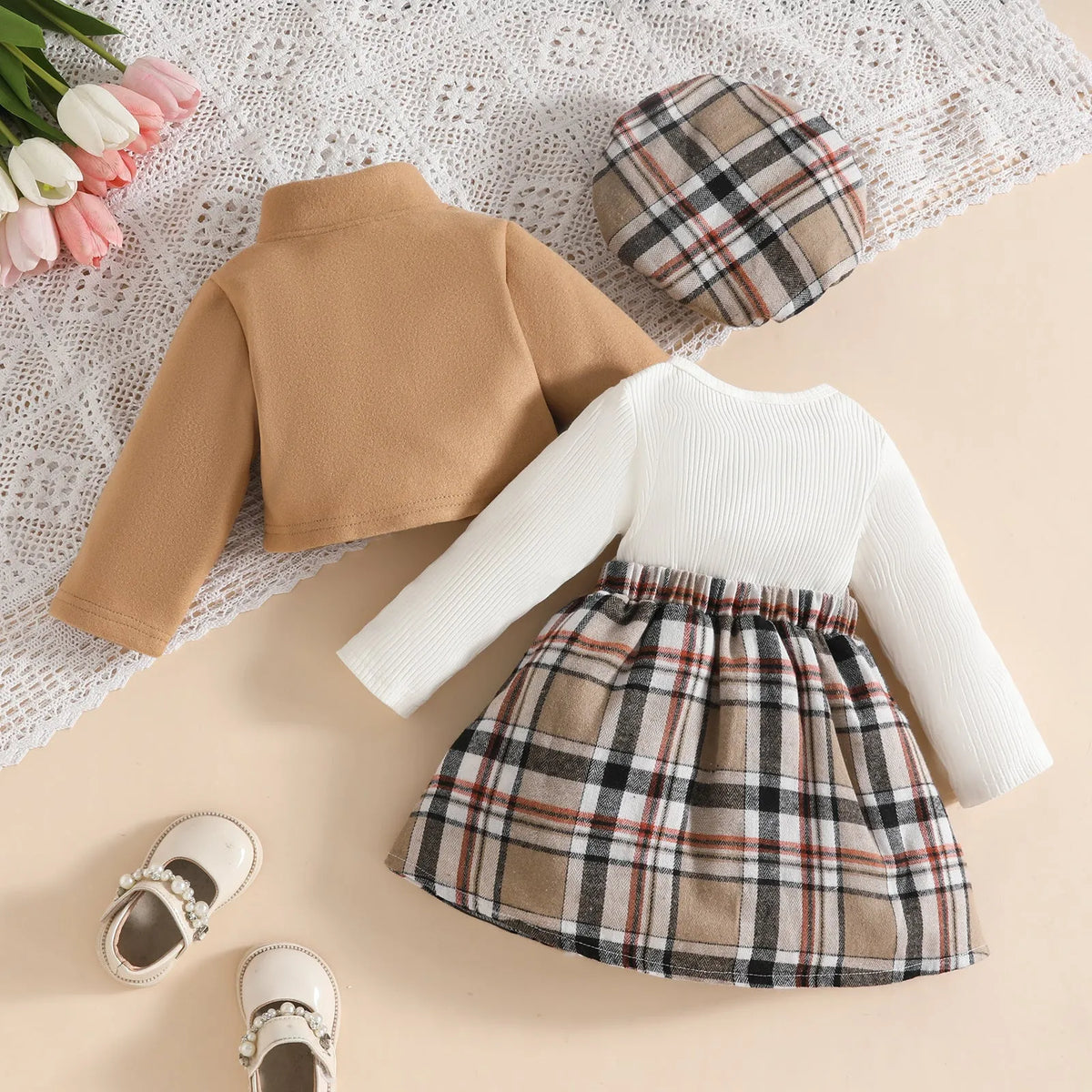 Baby girl plaid wool coat dress and beret set in light brown with stand collar and long sleeves