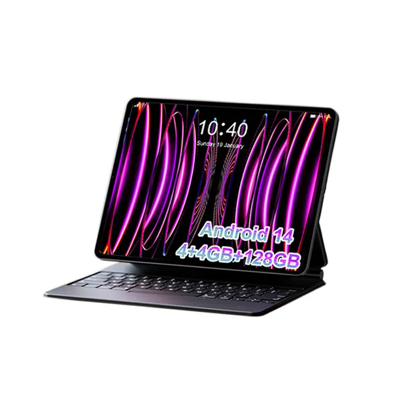 10-inch bare metal blue tablet PC on a desk with charger, USB cable, and screen protector.