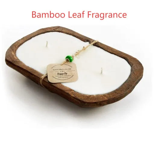 Retro wooden basin containing a soy wax aromatherapy candle with three wicks.