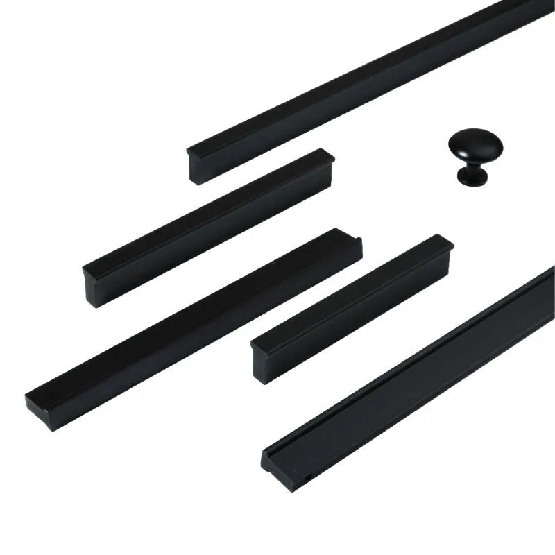 Aluminium alloy one-word cabinet door handle in nano black anodic oxidation finish with visible screw holes