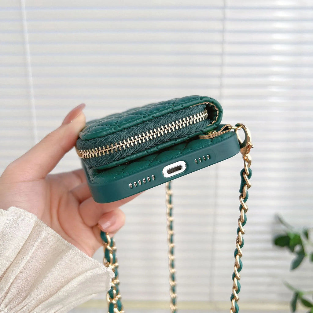 Lambskin phone case with rhombic pattern, card holder, and chain in white for Apple iPhone