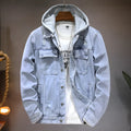 Men's light blue cotton denim jacket with detachable hood and side pockets