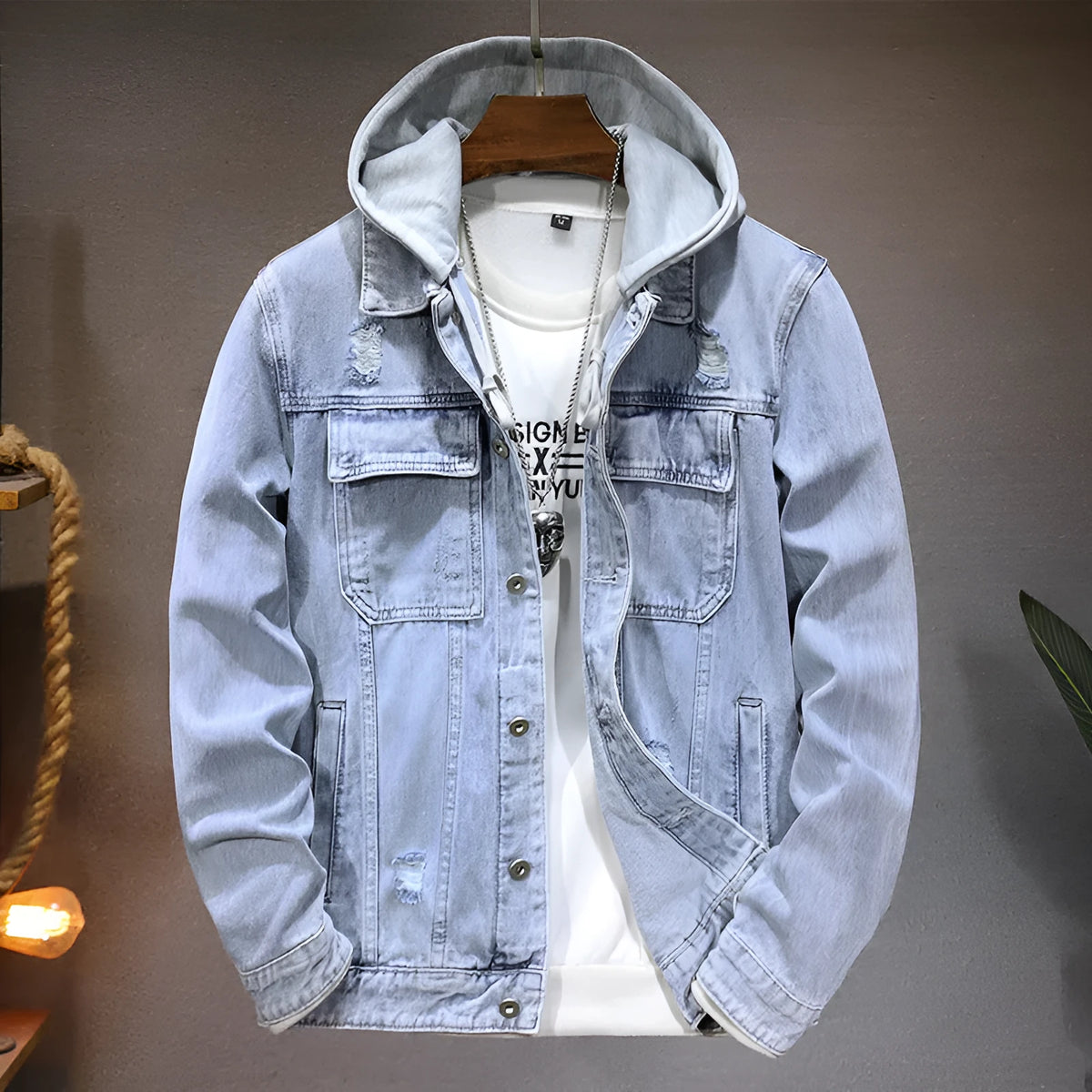 Men's light blue cotton denim jacket with detachable hood and side pockets
