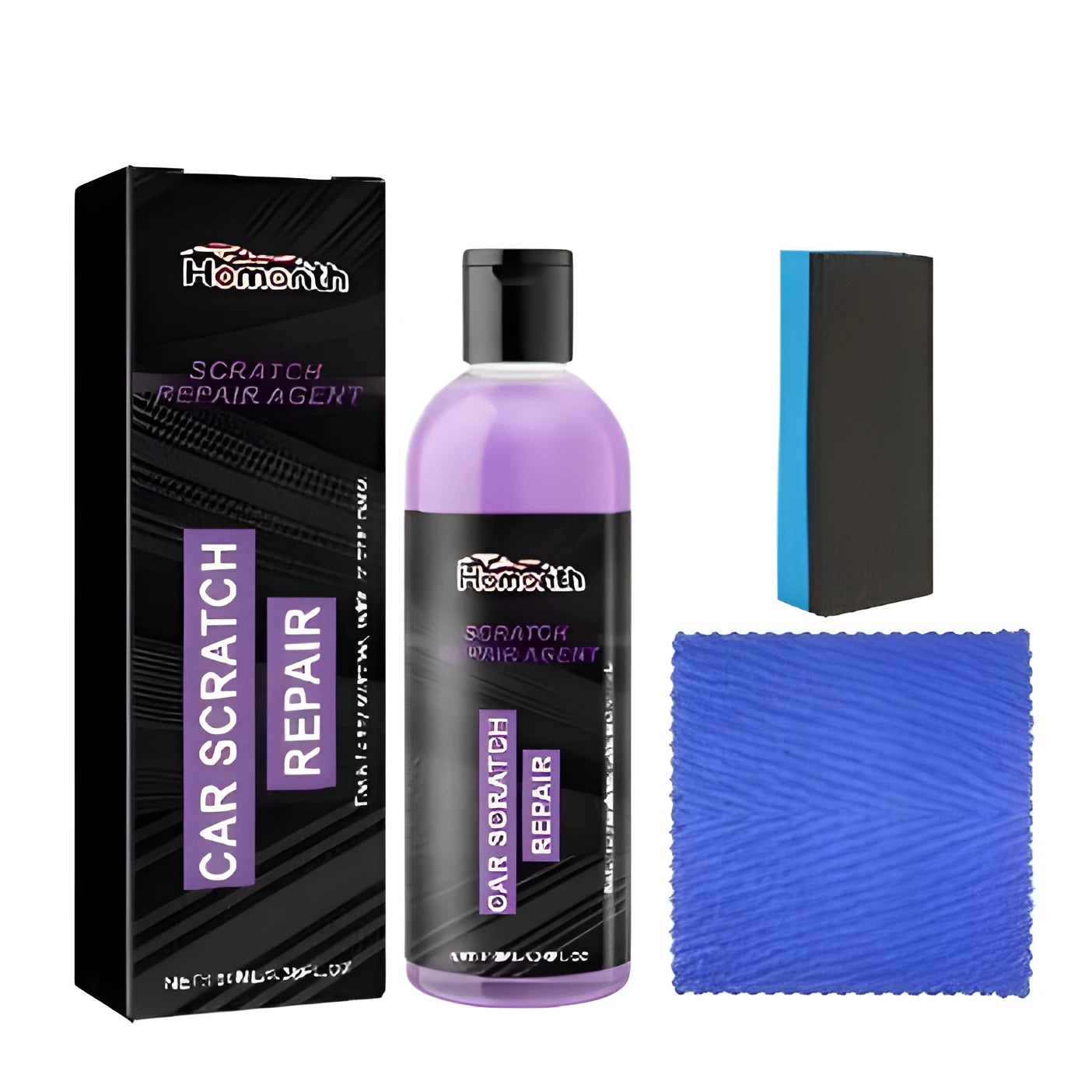 Scratch repair kit with 100ml bottle, sponge applicator, and square microfibre cloth