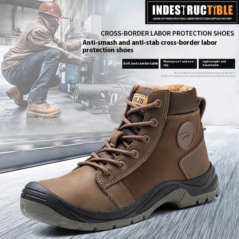 Orange leather labour protection safety shoes with a rubber sole on a work site background
