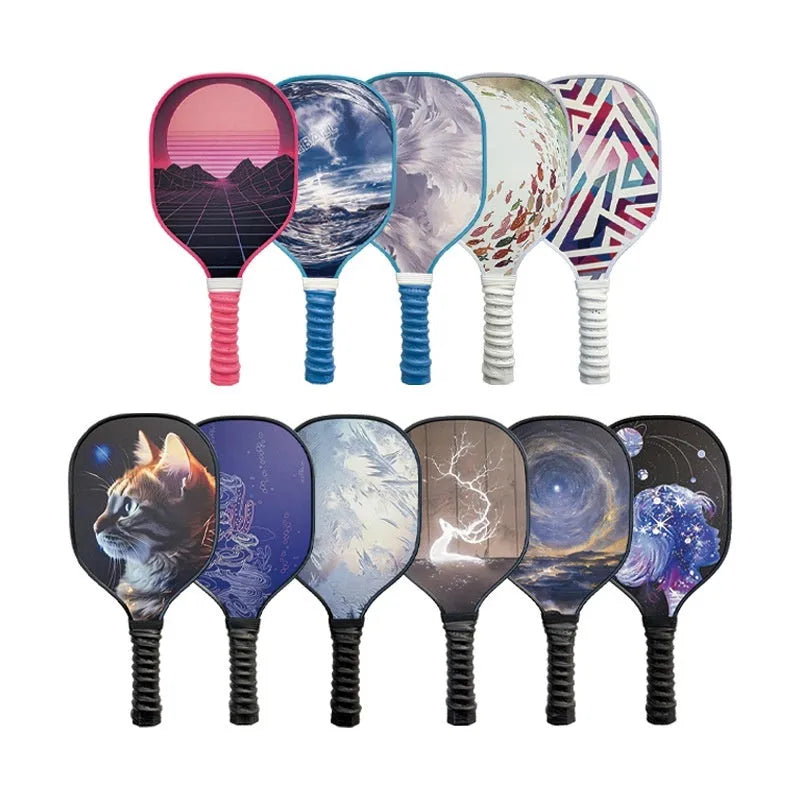 Wooden pickleball paddle racket 400x192x11mm in Starry Night Ancient Town design