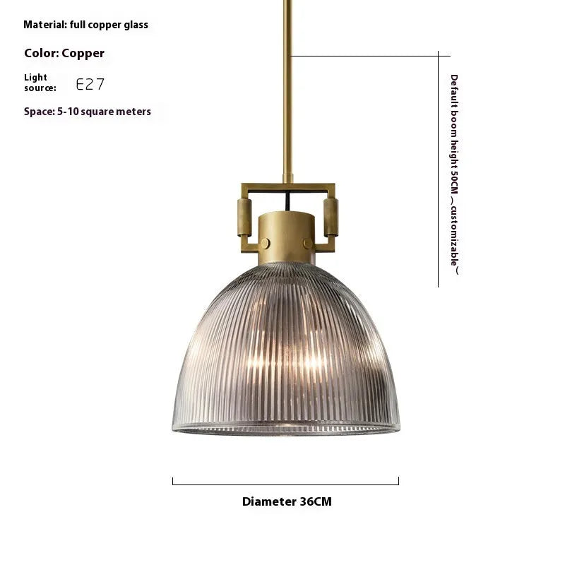 American retro striped glass chandelier with copper metal frame and transparent glass cover, 36cm diameter