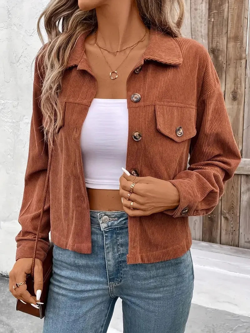 Women's brown retro-style loose-fit polyester shirt coat with long sleeves and button front.