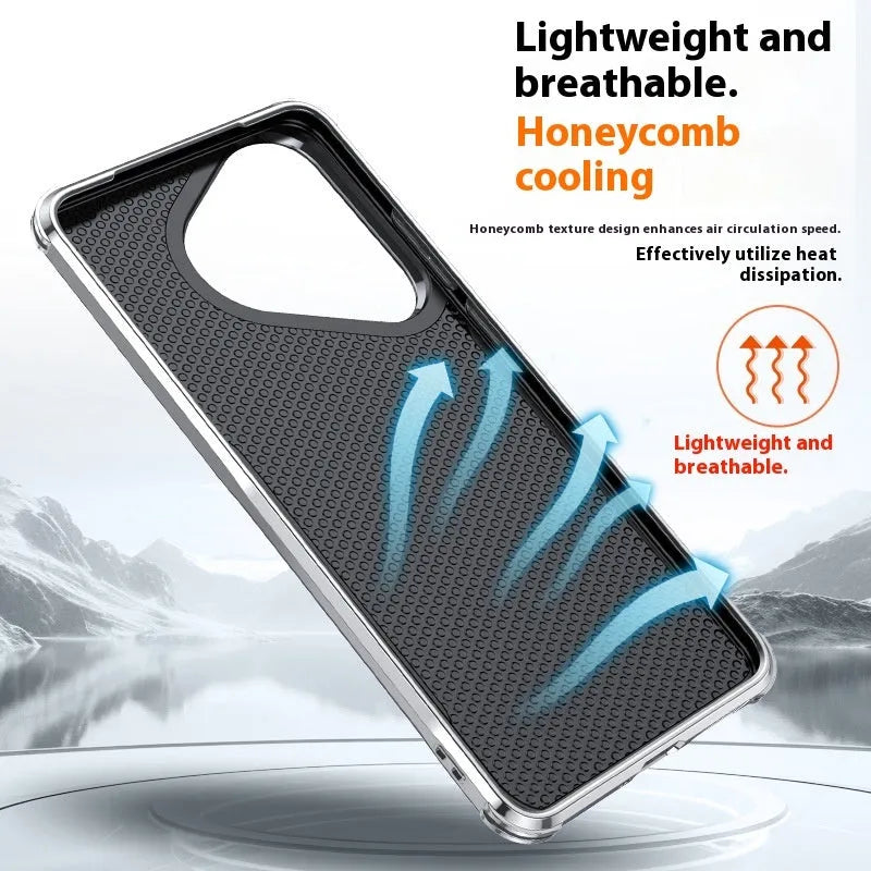 Leather Huawei phone case in black showing integrated metal stand deployed.