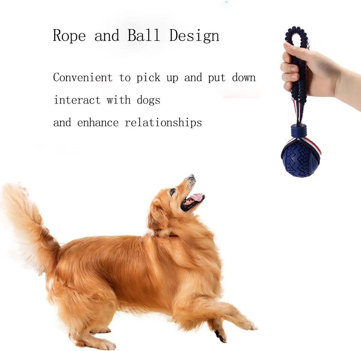 Blue dog ball with rope toy showing textured surface and cotton rope attachment