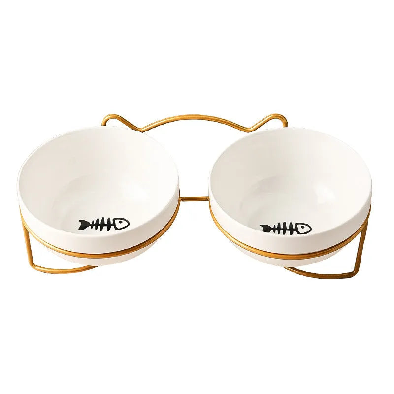 White ceramic cat bowl with decorative iron frame in cat ear design