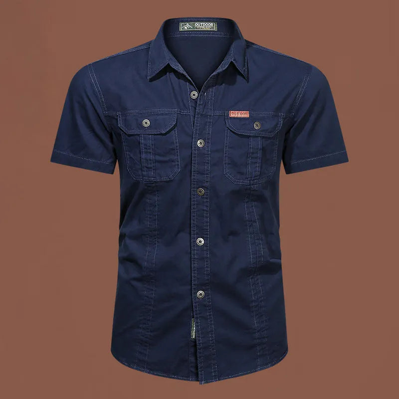 Men's loose-fitting short sleeve cotton work shirt in army green, shown in a cardigan style.