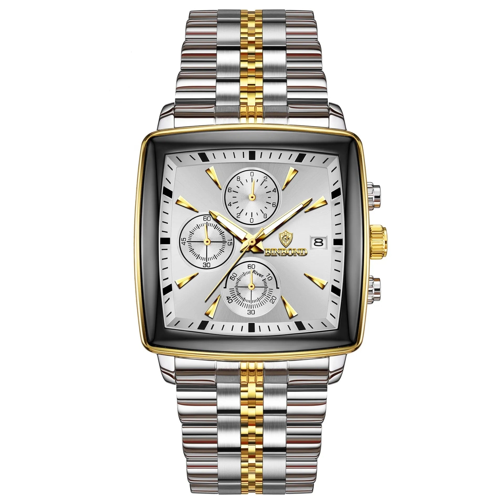 Men's rectangular quartz watch with luminous dial, stainless steel strap, and metal case in business styling