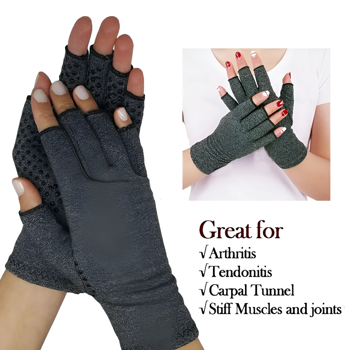 Gray half finger joint compression gloves on a plain background showing anti-slip knit texture