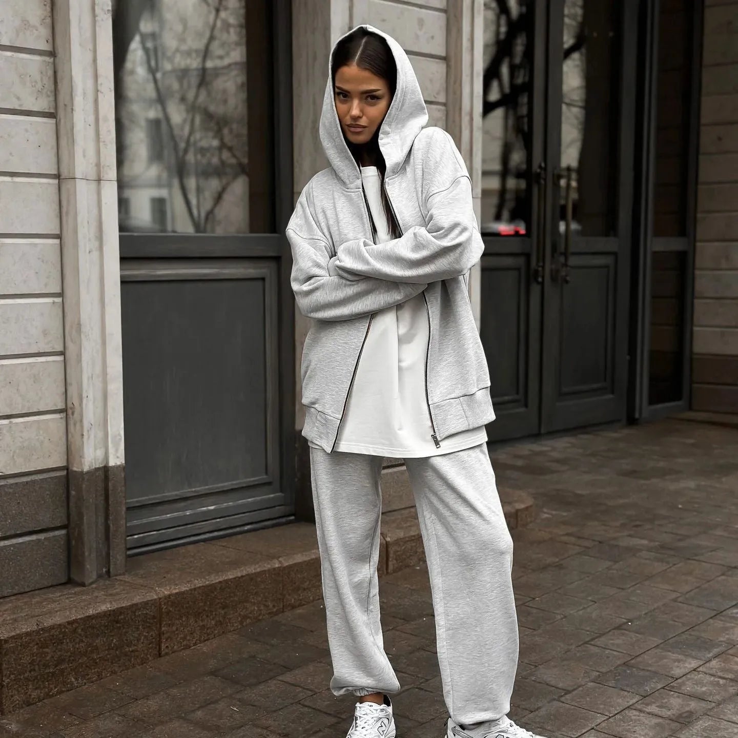 Street style long-sleeved coat and trousers two-piece set in solid colour with loose fit design