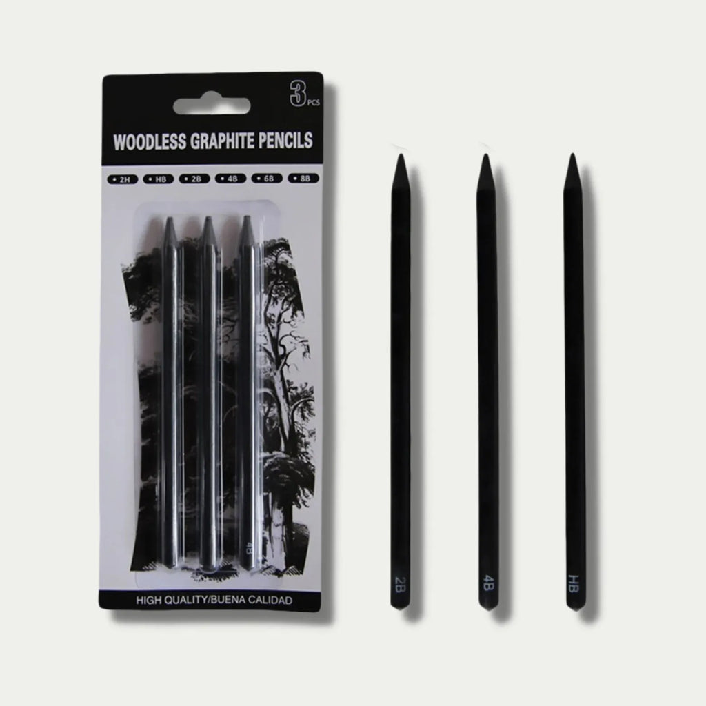 Set of six wood-free graphite sketching pencils in grades HB, 2B, 4B, 6B, 8B, and EE.