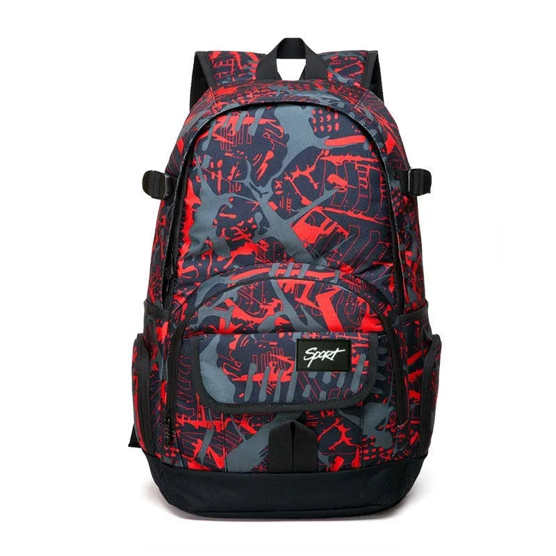 Blue and red classic nylon backpack showing front view and multiple compartments