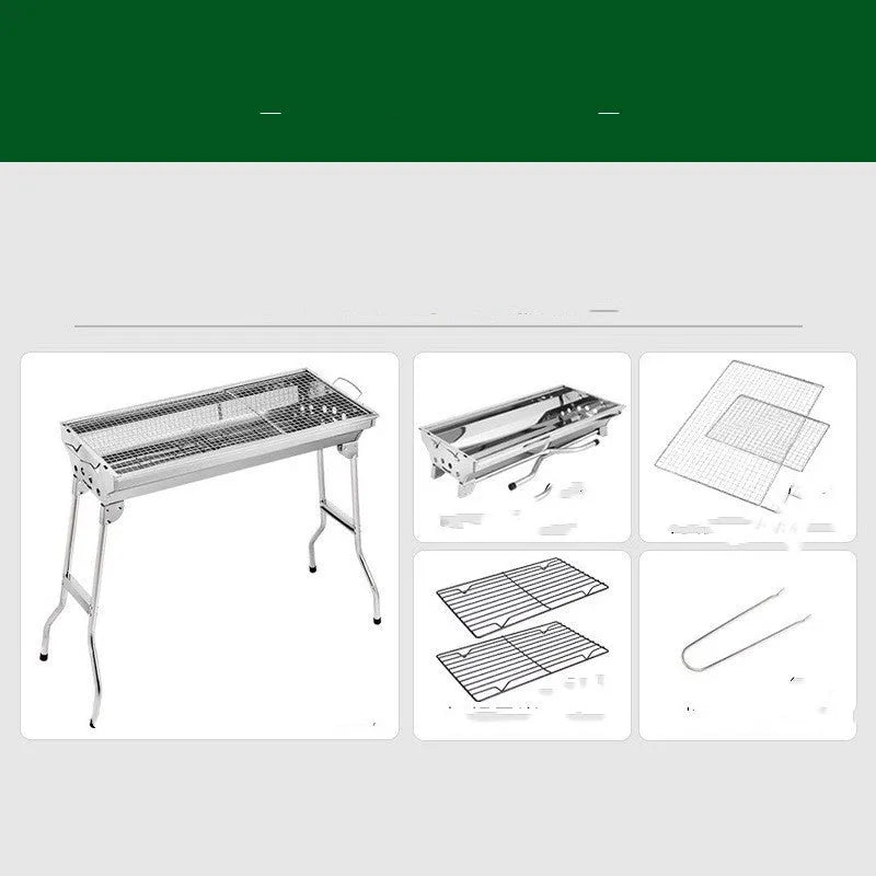 Large stainless steel folding portable barbecue oven with grill, shown outdoors.