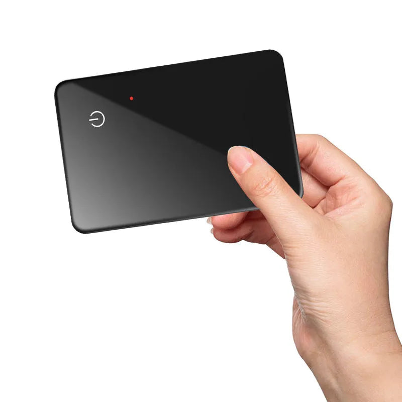 Black NFC pet tracking card with wireless charging, measuring 85mm by 54mm with hanging hole