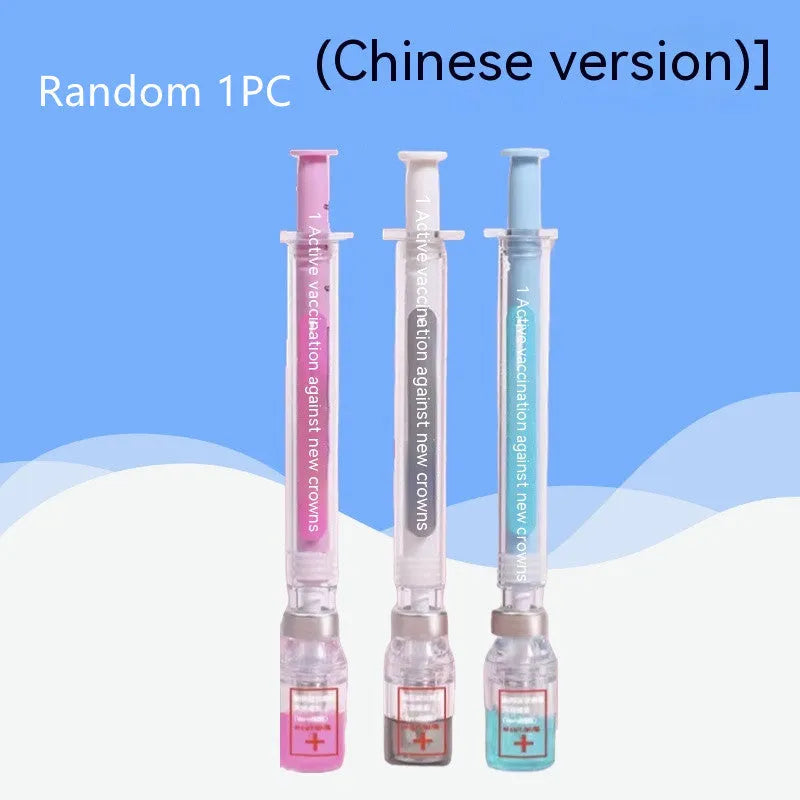 Vaccine design novelty gel pen with black 0.5mm refill and plastic construction
