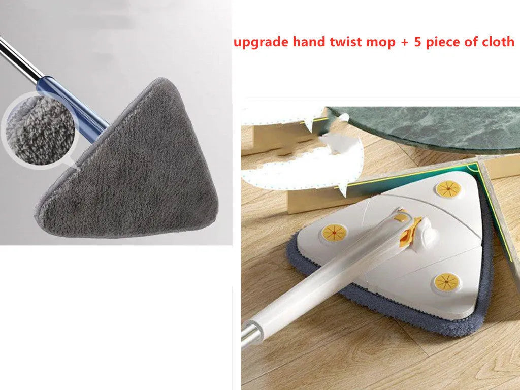 Blue triangle cleaning mop with rotating head and extendable stainless steel pole on a tiled floor