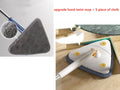 Blue triangle cleaning mop with rotating head and extendable stainless steel pole on a tiled floor