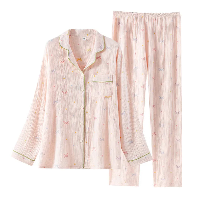 Women's cotton crepe pajama set in pink with long sleeves and full-length trousers
