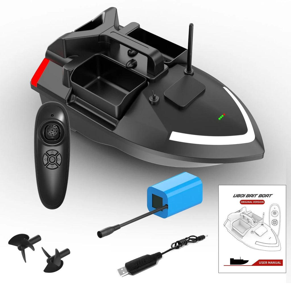 Black and luminous yellow remote control GPS fishing boat with LED light on calm water.