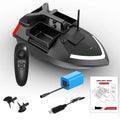 Black and luminous yellow remote control GPS fishing boat with LED light on calm water.