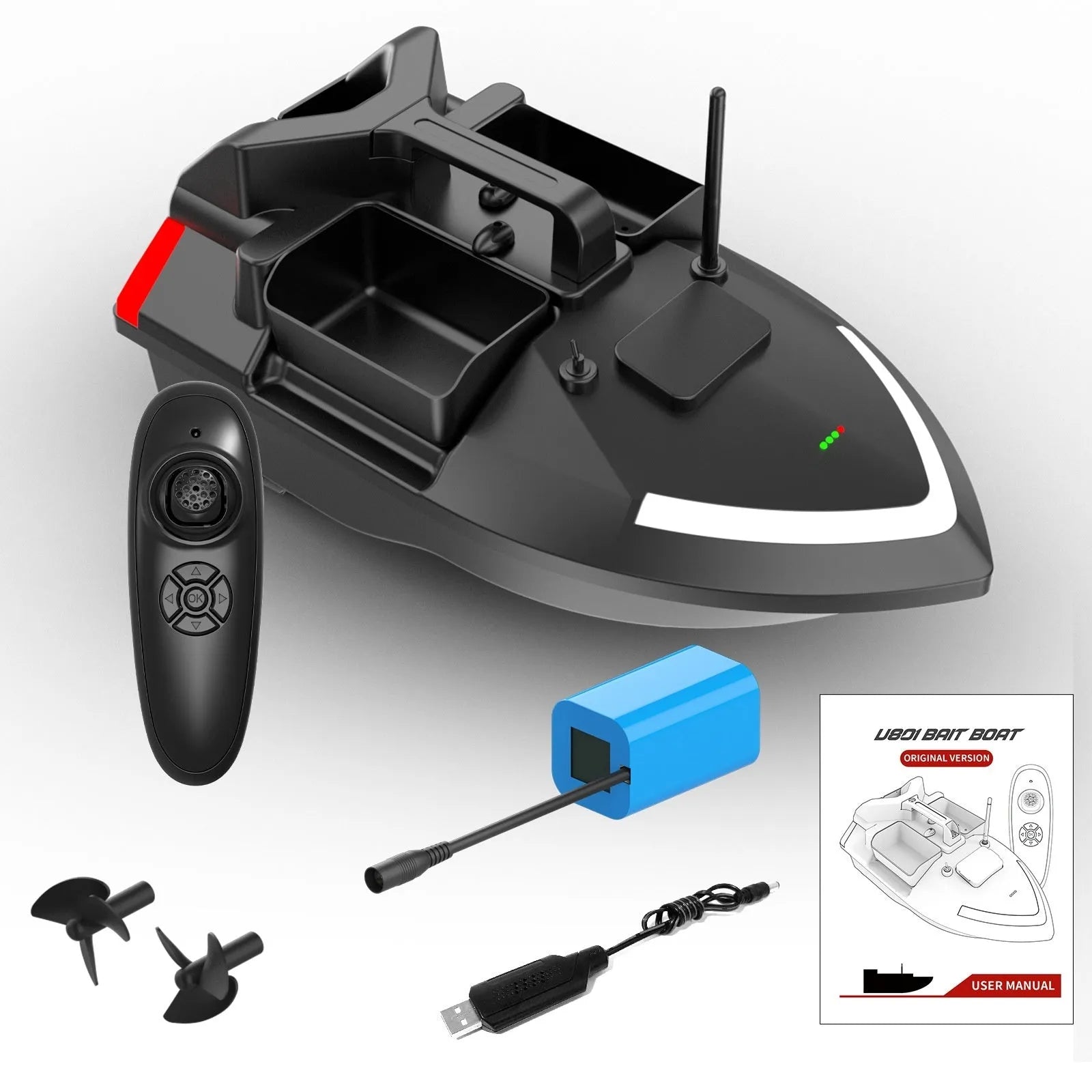 Black and luminous yellow remote control GPS fishing boat with LED light on calm water.