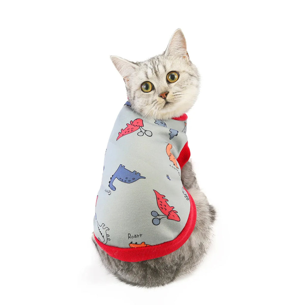Yellow dinosaur design cotton cat clothes for autumn winter, casual style, available in multiple sizes