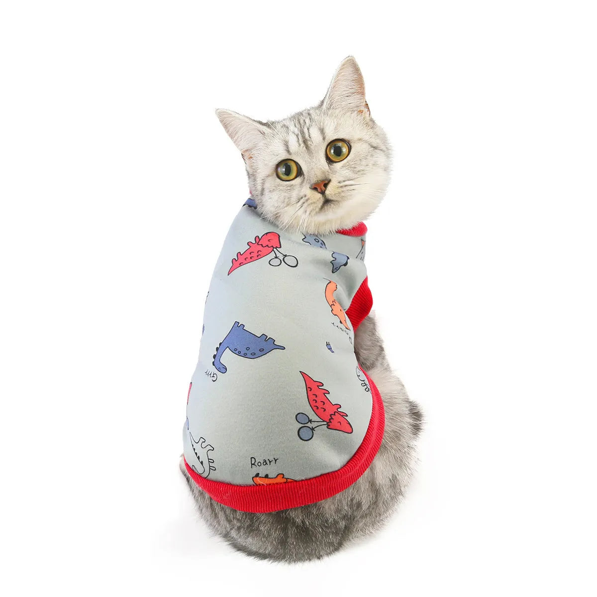 Yellow dinosaur design cotton cat clothes for autumn winter, casual style, available in multiple sizes