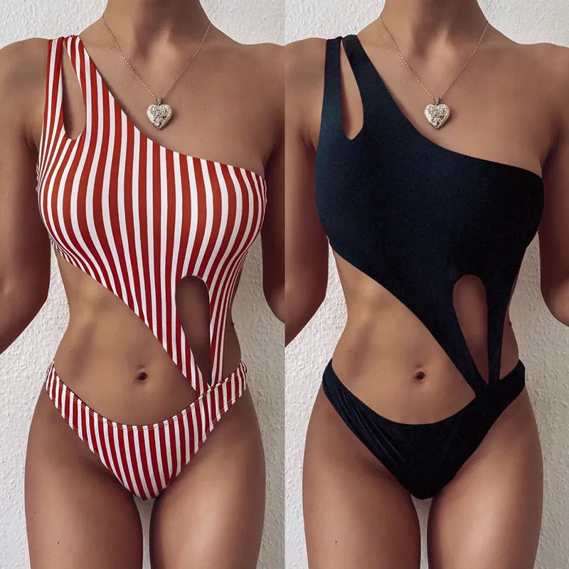 Women's nylon one-piece swimsuit in black or stripe pattern, available in sizes S M L
