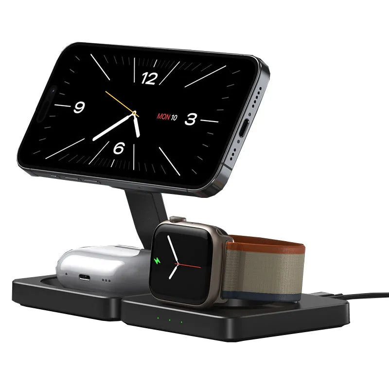 Three in one folding magnetic wireless charger for iPhone AirPods and Apple Watch in black