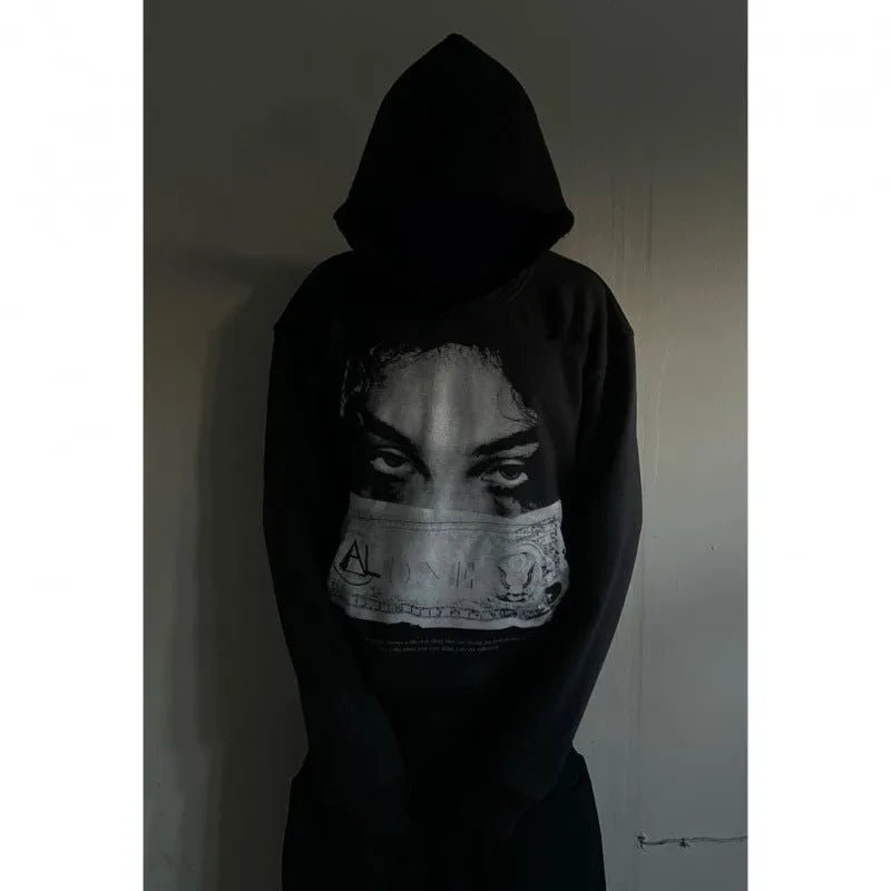 Black women's hoodie with cartoon pattern print, loose fit design