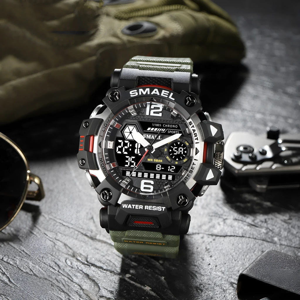 Men's sports watch with dual display, luminous hands, 50mm dial, PU strap, waterproof to 50m