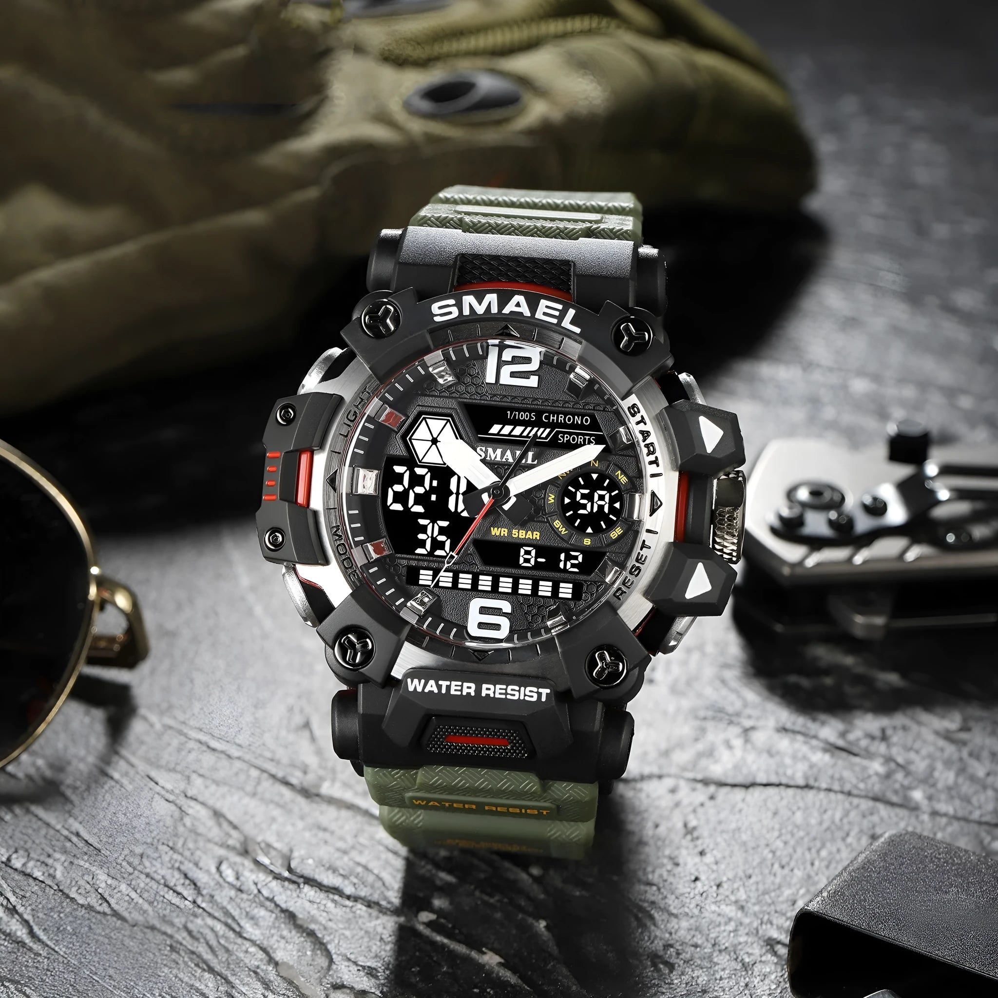 Men's sports watch with dual display, luminous hands, 50mm dial, PU strap, waterproof to 50m