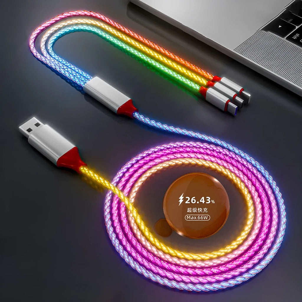 1.2 metre colourful gradient charging cable with lightning, micro USB, and type-C connectors