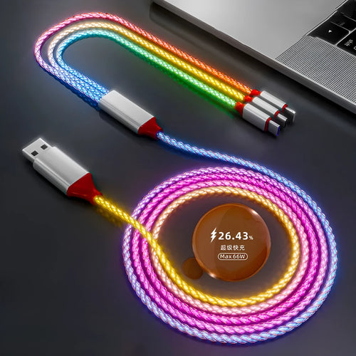1.2 metre colourful gradient charging cable with lightning, micro USB, and type-C connectors