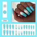 Solid blue long ballet false nails with diamond glitter design and included adhesive glue.