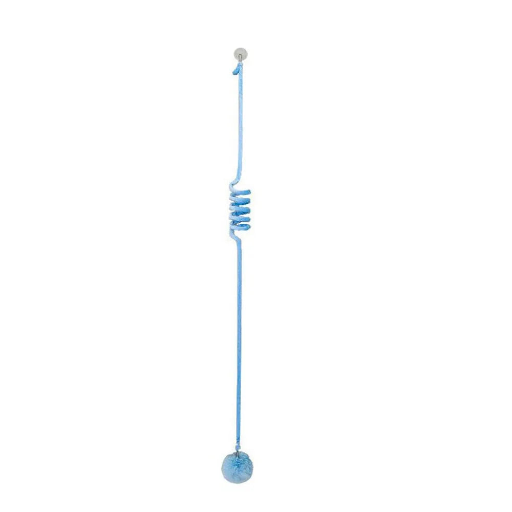 Colourful spring-mounted cat toy with an inflatable ball and bell, shown with a suction cup for hanging.
