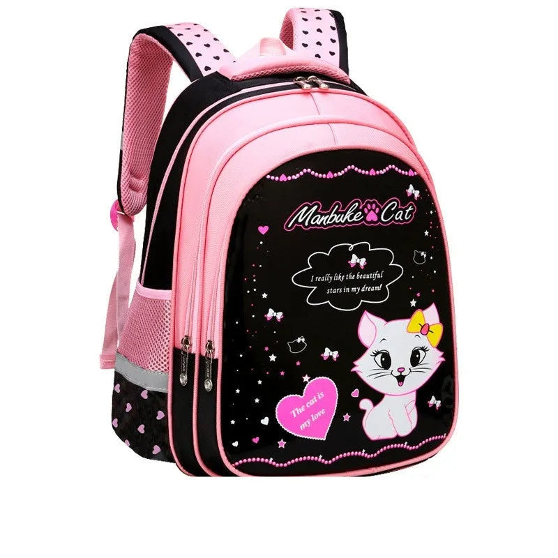 Kids school cute cat print nylon backpack with load-reducing design and computer pocket in pink and black colourway.