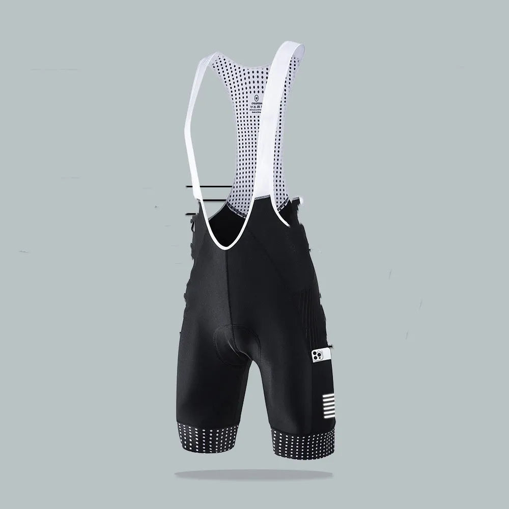 Men's black suspender shorts for road bike cycling with integrated straps and polyester fabric