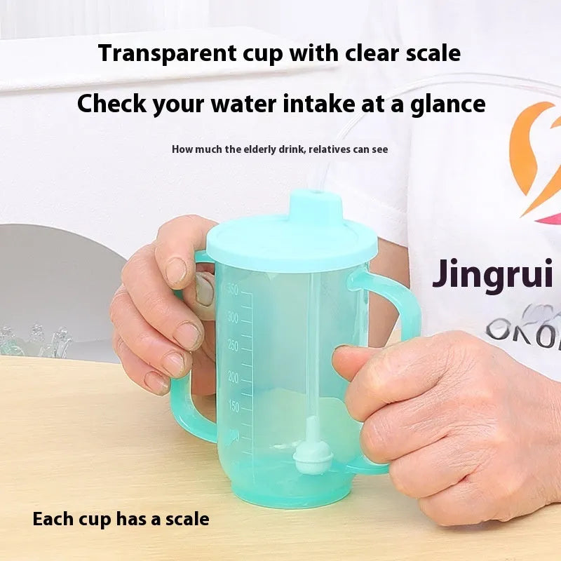 Oblique mouth anti-choke bed care cup with handle and optional wrist splint attachment