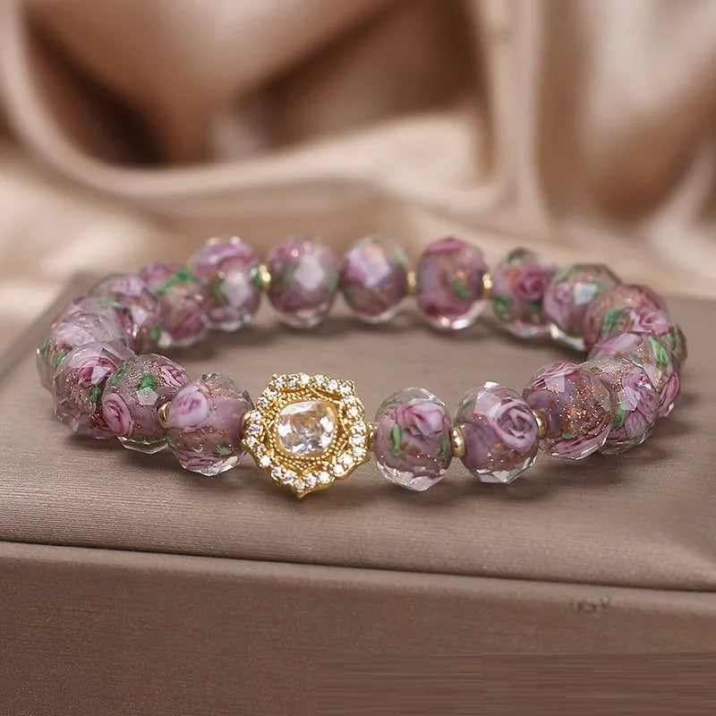 Purple glass and colored glaze amethyst style bracelet with electroplated finish for women