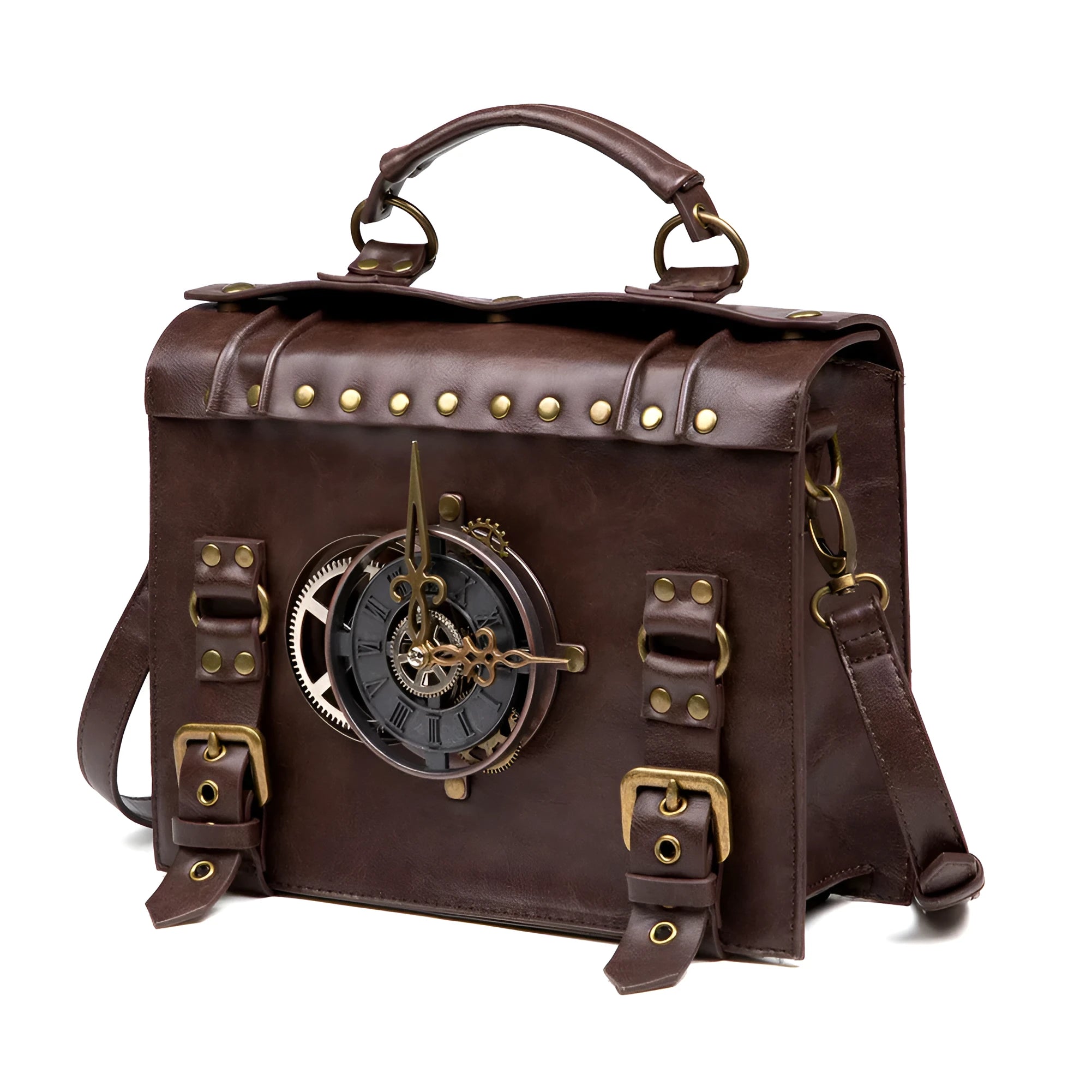 Bronze steampunk industrial retro style shoulder bag with horizontal pillow design and metal decorative elements