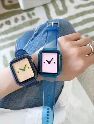 Brown transparent silicone Apple Watch strap showing clear construction and band attachment mechanism