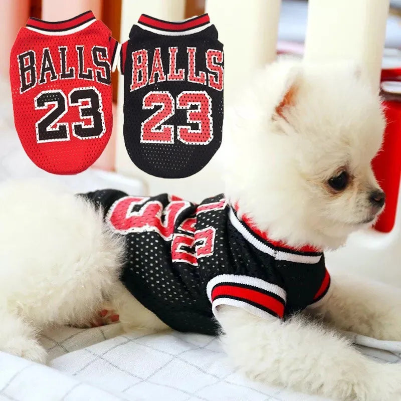 Black and red dog sweatshirt vest in polyester material shown in five sizes