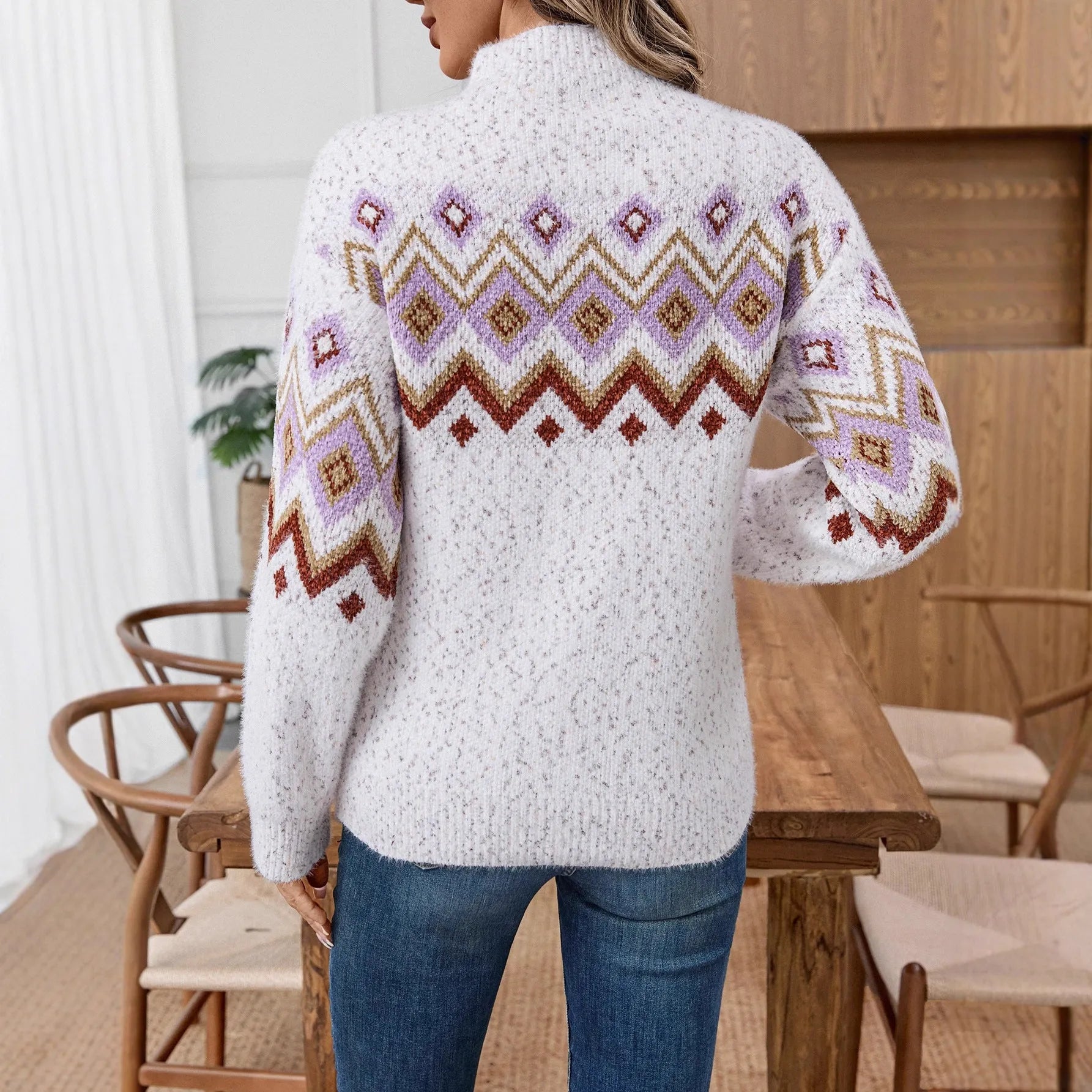 White women's loose fit sweater with geometric Jacquard pattern and half turtleneck collar